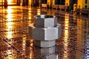 Rắc co ren với đai ốc lục giác ở giữa và ren trong nhìn thấy rõ