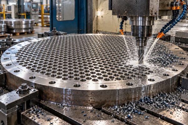 Heat exchanger tube sheet during drilling of its hole pattern