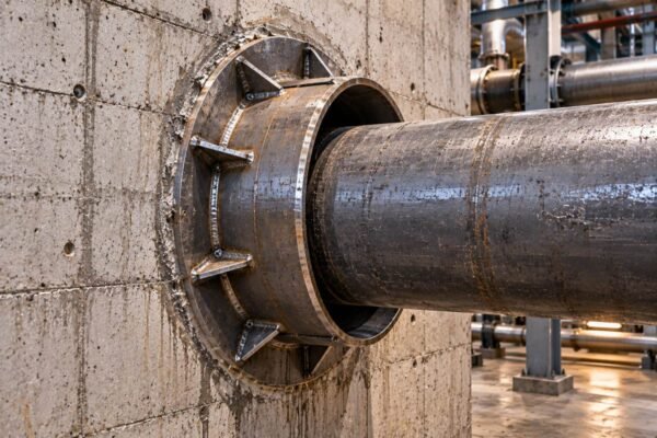 Wall sleeve showing the reinforced collar around a pipe penetration