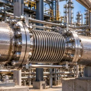 Metal bellows expansion joint installed between flanged pipe sections