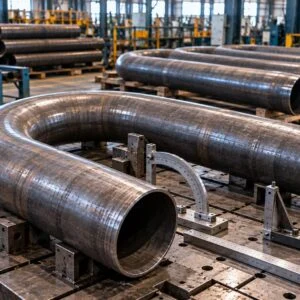 U-shaped pipe bend resting in a workshop inspection fixture