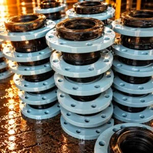 Rubber expansion joints showing black bodies between drilled flanges
