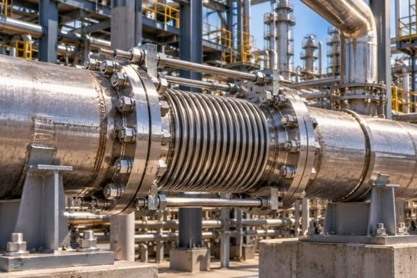 Metal bellows expansion joint installed between flanged pipe sections