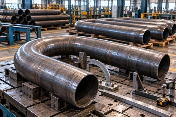 U-shaped pipe bend resting in a workshop inspection fixture