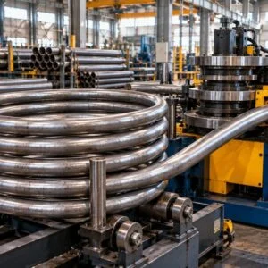 Coiled pipe being formed around a bending machine
