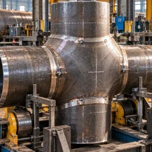 Pipe cross showing its four outlets and connection welds