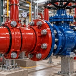 Grooved flange adapter connecting red pipework to a blue valve