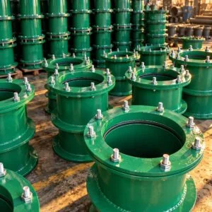 Flexible waterproof sleeves with bolted end glands and external water-stop rings