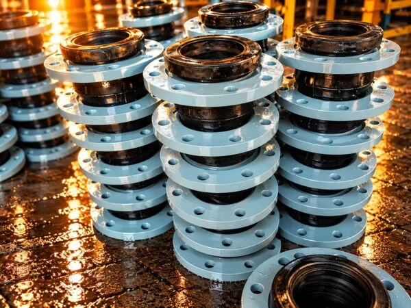 Rubber expansion joints showing black bodies between drilled flanges