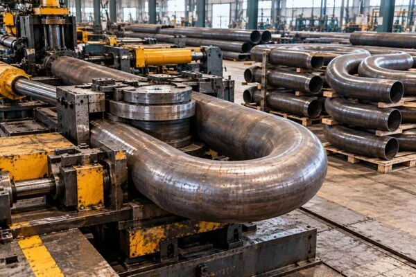 U-shaped pipe bend being formed on a bending machine