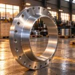 Plate flange standing upright with an open bore and a drilled bolt circle