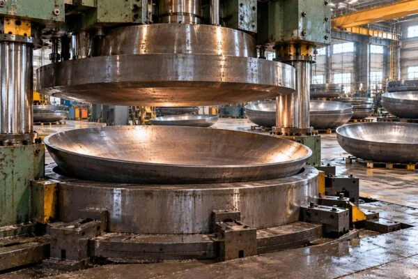 Dished tank head positioned beneath a forming press