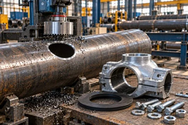 Mechanical tee outlet parts and gasket beside a prepared pipe opening