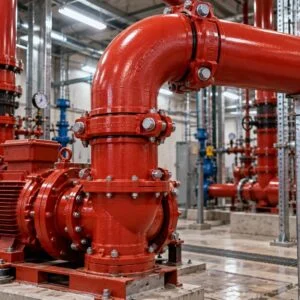 Grooved 90-degree elbow connecting pump pipework to a vertical pipe