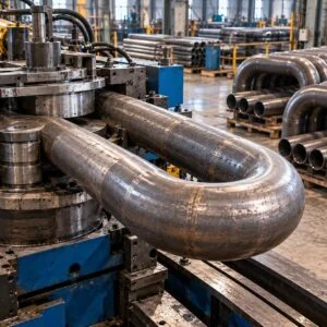 180-degree return elbow being formed on a pipe bending machine