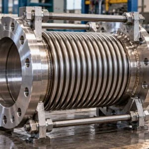 Metal bellows expansion joint showing corrugations, flanges and tie rods