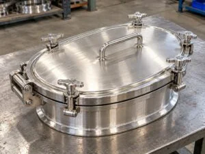 Oval stainless steel tank manway illustration with a closed cover and perimeter fasteners