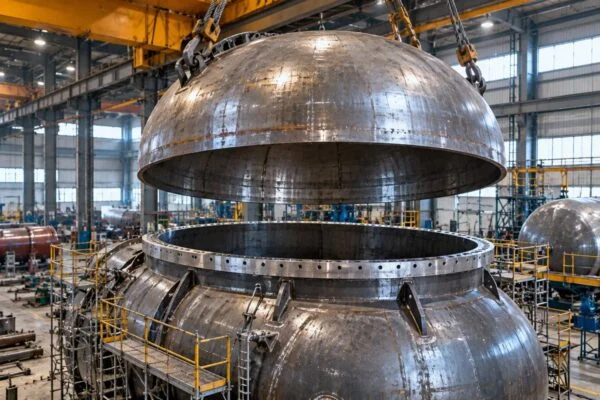 Hemispherical tank head suspended above a vessel opening