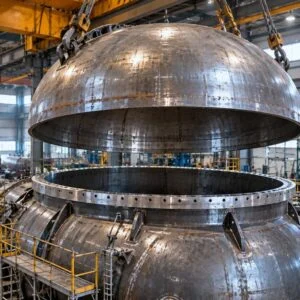 Hemispherical tank head suspended above a vessel opening