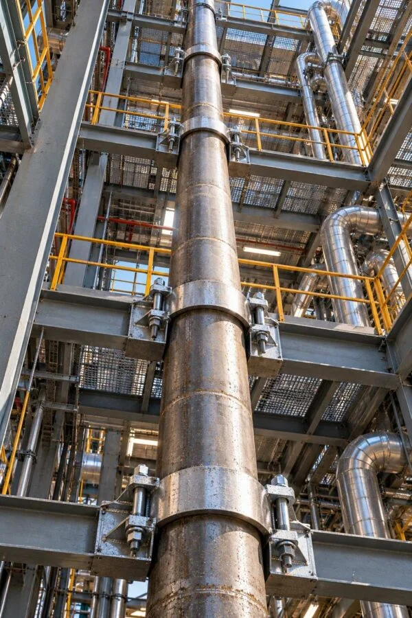 Riser pipe clamps securing a vertical pipe at several structural levels