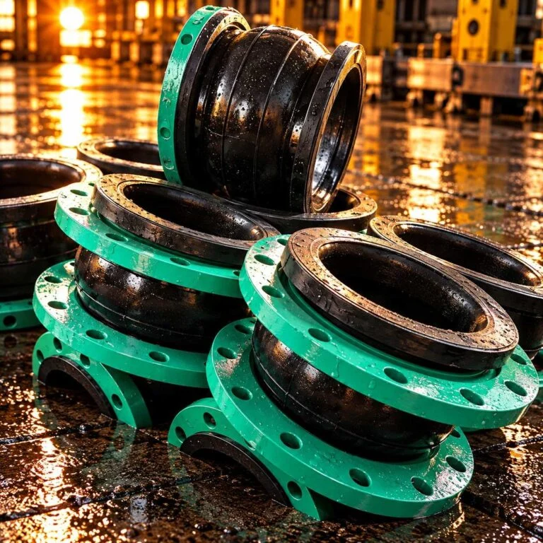Juntas de dilatação de borracha com corpos flexíveis pretos e flanges verdes