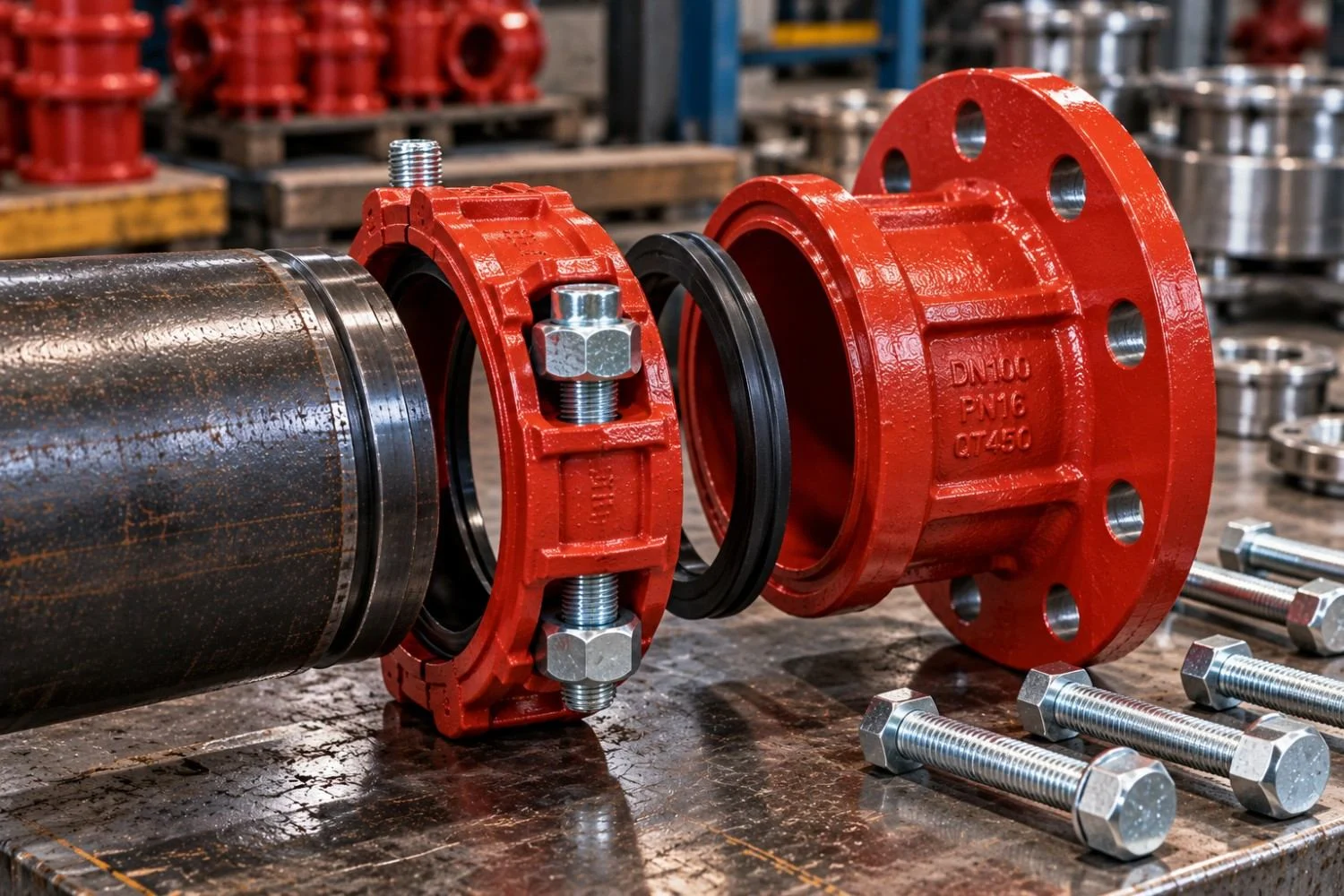 Grooved flange adapter showing the coupling and drilled flange