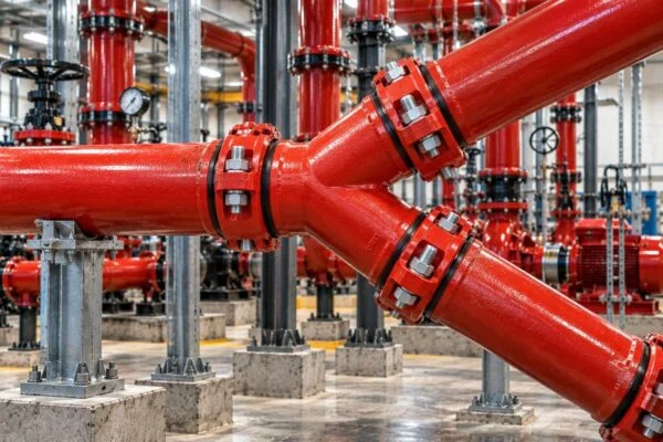 Grooved wye splitting a red pipeline into two angled branches