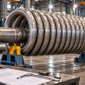 Coiled pipe assembly showing closely spaced turns and a flanged connection