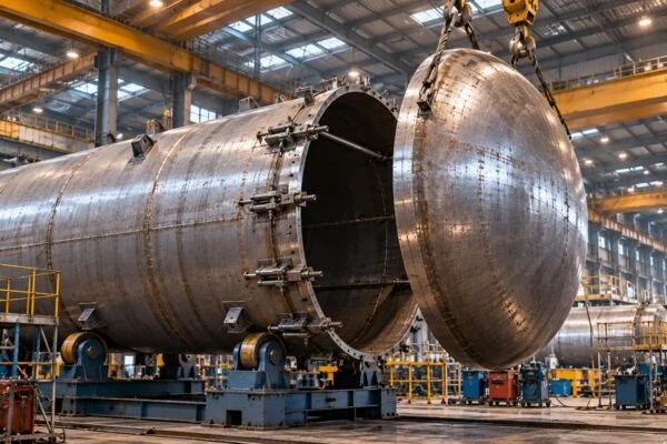 Elliptical tank head beside the open end of a horizontal vessel