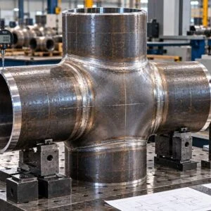 Pipe cross held in an inspection fixture with measuring gauges
