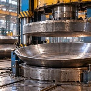 Shallow dished tank head positioned beneath a forming press