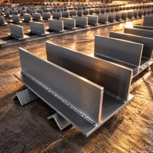 Welded steel pipe shoes with horizontal base plates and upright webs