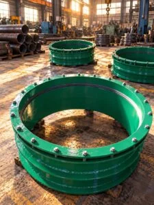 Passa-muros flexível estanque com anel de compressão aparafusado em torno da abertura do tubo
