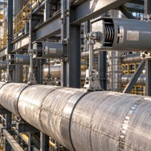 Horizontal spring hangers supporting a large pipe from a structural frame