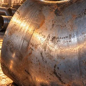 Close view of a 45 degree pipe elbow and its open welding end