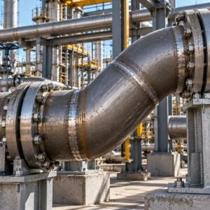 Pipe elbow connecting offset sections of flanged industrial pipework