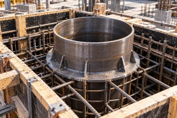 Rigid wall sleeve positioned in reinforcing bars and concrete formwork