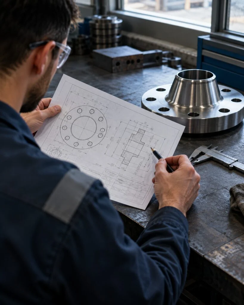 Illustration of an engineer reviewing a flange drawing for custom design and OEM manufacturing