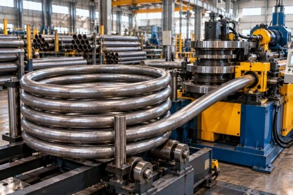 Coiled pipe being formed around a bending machine