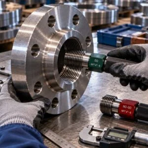 Threaded flange with a gauge inserted into the threaded bore