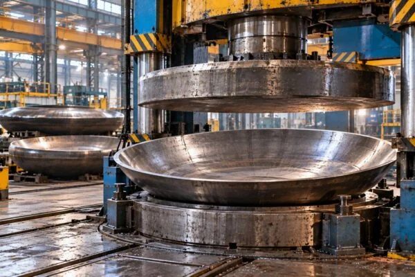 Shallow dished tank head positioned beneath a forming press