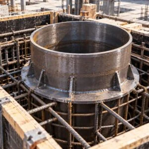 Rigid wall sleeve positioned in reinforcing bars and concrete formwork