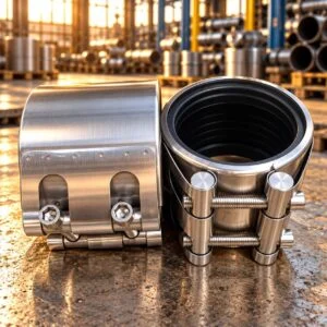 Pipe repair coupling showing its metal shell, black liner and side bolts