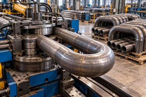 180-degree return elbow being formed on a pipe bending machine