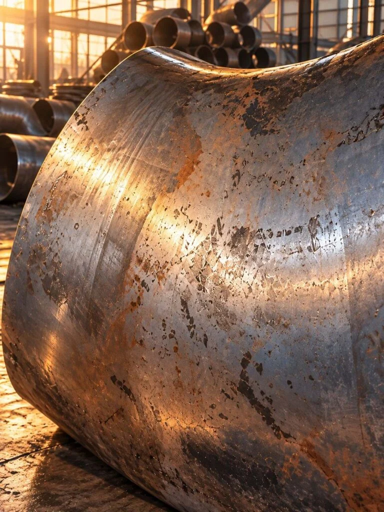 Close view of a 45 degree pipe elbow and its open welding end