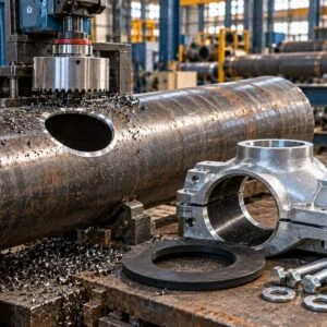 Mechanical tee outlet parts and gasket beside a prepared pipe opening
