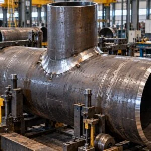 Reducing pipe tee showing its branch weld and open main pipe end