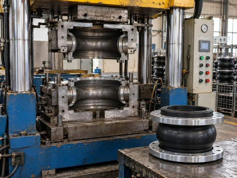 Illustration de vulcanisation de joints en caoutchouc montrant des moules dans une presse