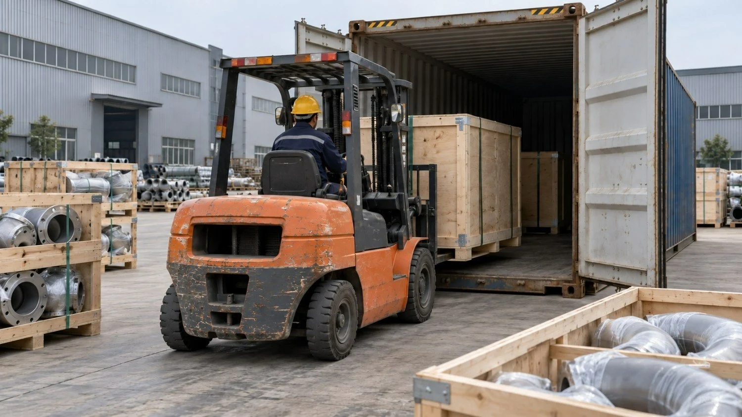 Ilustración de carga para exportación con una carretilla elevadora introduciendo una caja de madera en un contenedor