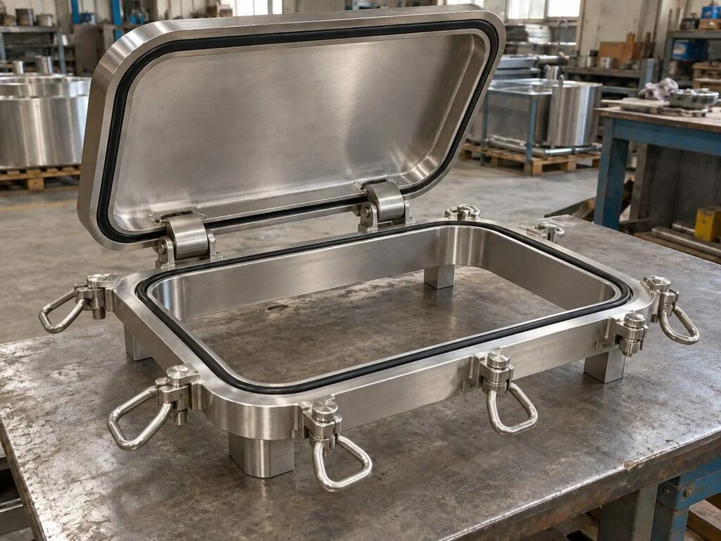 Rectangular stainless steel tank manway illustration with an open hinged cover and closure clamps